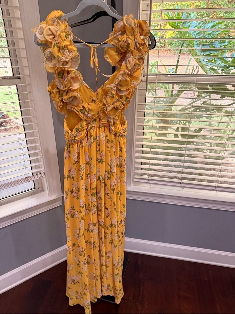 ANTONIO MELANI Yellow Floral Maxi Dress with Rosette Shoulders - Picture 7 of 8